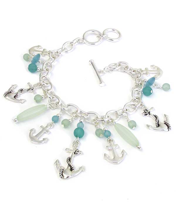 SEALIFE THEME MULTI CHARM TOGGLE BRACELET - ANCHOR SEA GLASS