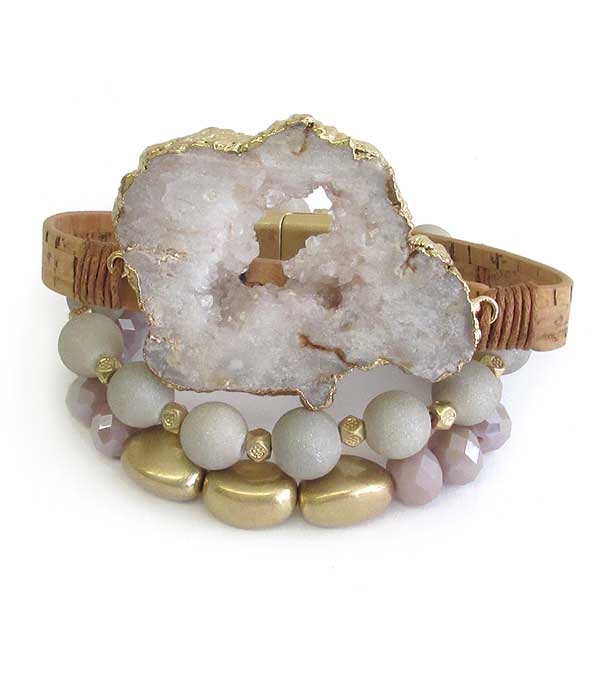 Large druzy stone and multi semi precious stone mix 3 bracelet set