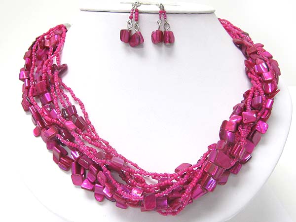 Multi strand shell ans seed beads necklace earring set