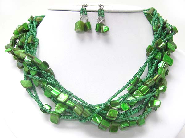 Multi strand shell ans seed beads necklace earring set