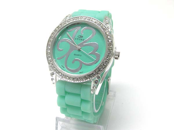 Crystal round face and art dial design rubber band watch