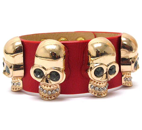 CRYSTAL MULTI SKULL AND LEATHERETTE BAND BRACELET