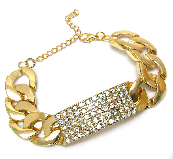 Crystal pave metal plate and thick chain bracelet