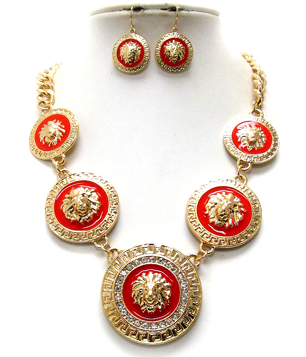 Crystal and epoxy deco 5 lion head disk link rihanna style necklace earring set