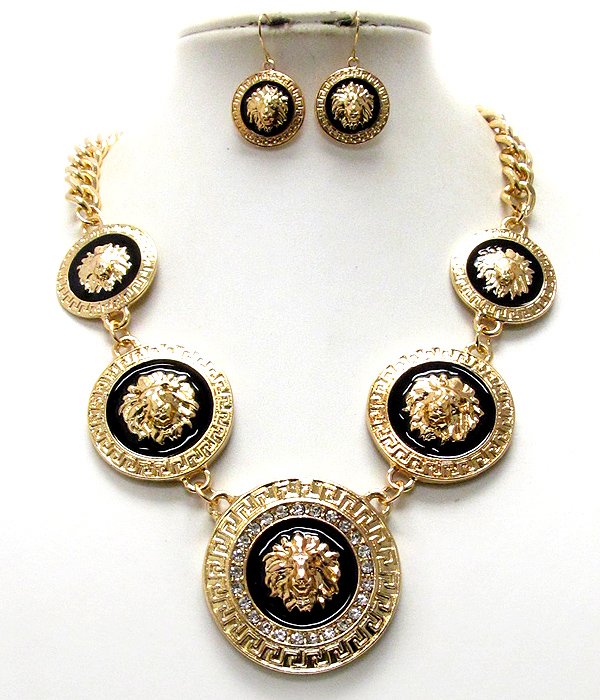 Crystal and epoxy deco 5 lion head disk link rihanna style necklace earring set