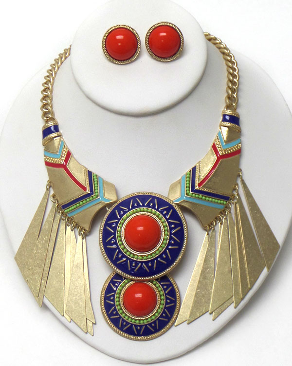 Puffy stone center double disk and seed bead and multi metal bar drop aztec statement  necklace earring set -western