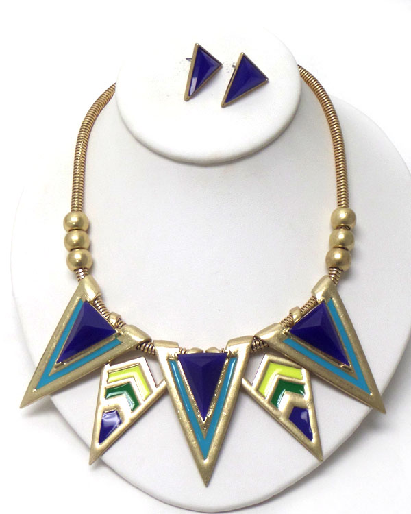 EPOXY METAL CHEVRON LINK DROP NECKLACE EARRING SET