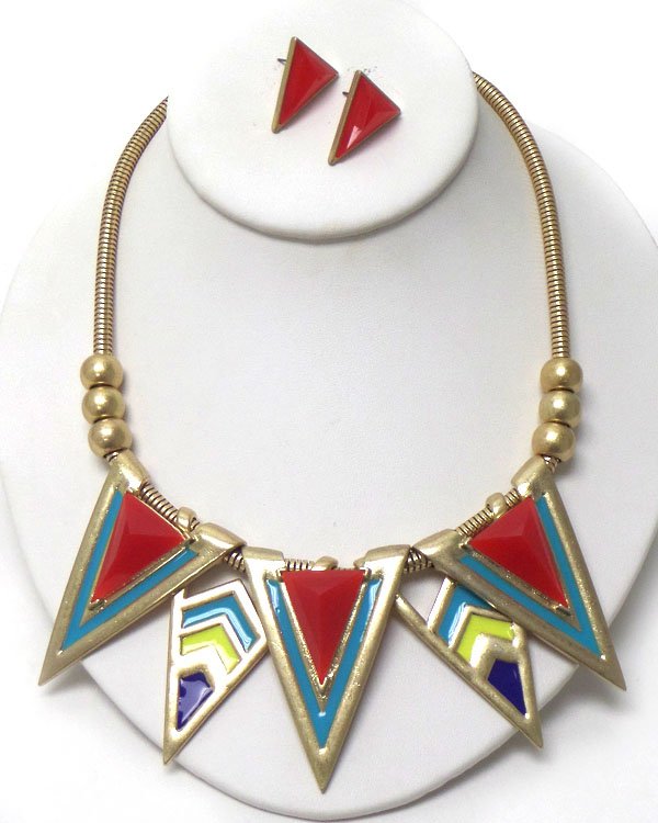 EPOXY METAL CHEVRON LINK DROP NECKLACE EARRING SET