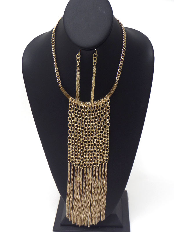Multi chain long drop bib necklace earring set