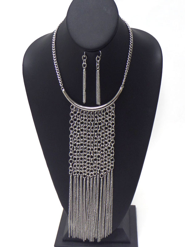 Multi chain long drop bib necklace earring set