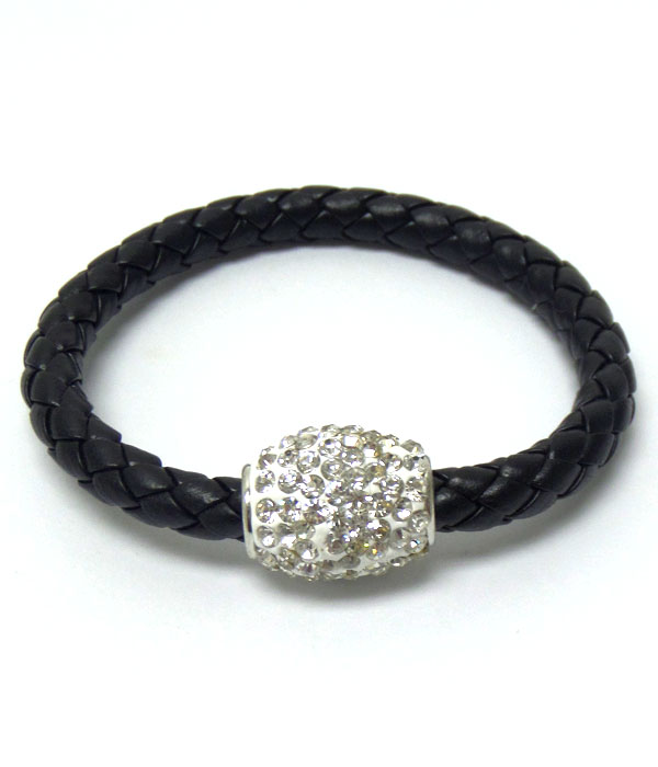 Crystal stud clay ball and neon leatherette band magnetic closure bracelet
