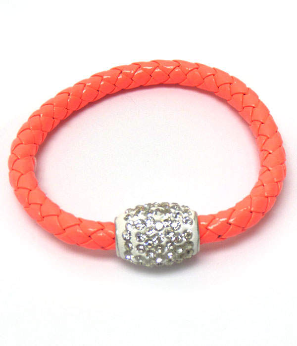 Crystal stud clay ball and neon leatherette band magnetic closure bracelet
