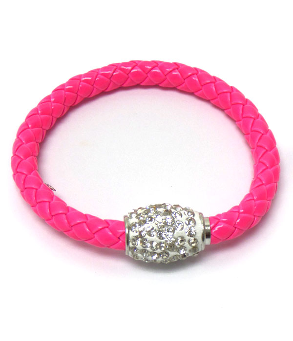 Crystal stud clay ball and neon leatherette band magnetic closure bracelet