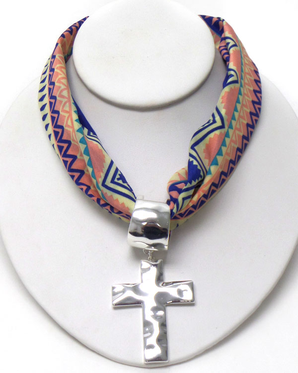 Hammered cross pendant and aztec pattern scarf necklace -western