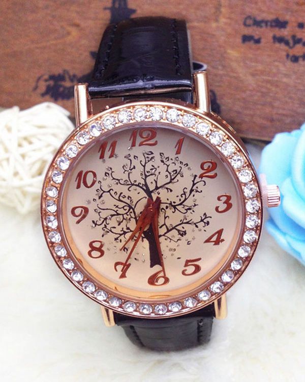 Tree of life print crystal stud leather band watch