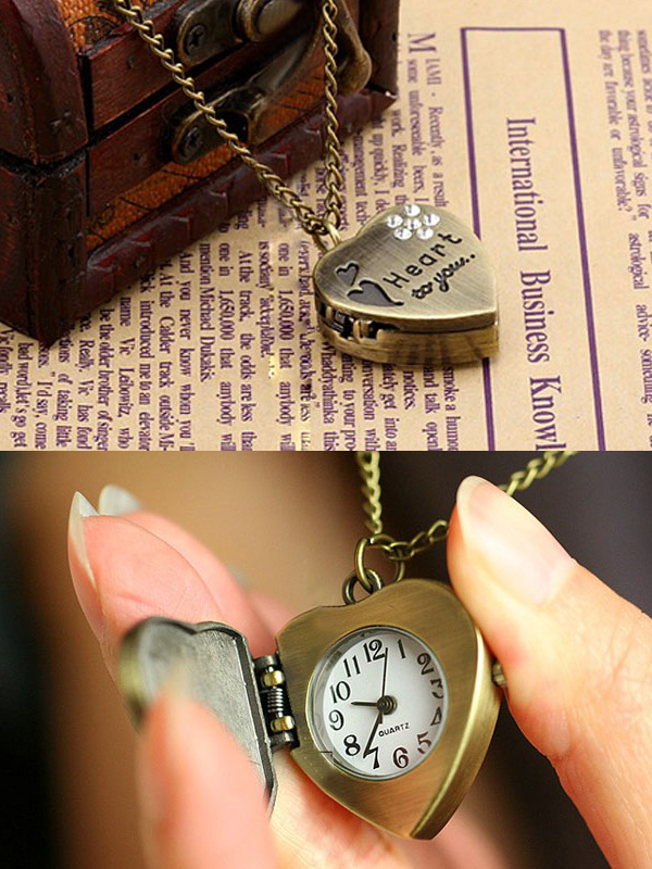 Burnish metal heart watch locket pendant necklace