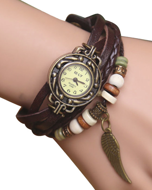Wing charm multi layer leatherette wrap bracelet watch