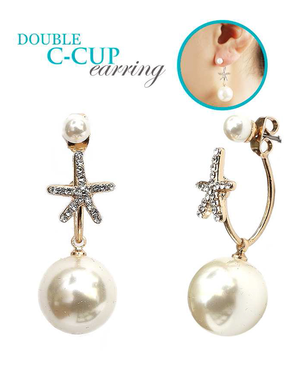 Crystal starfish and pearl double sided front and back earring - double c cup