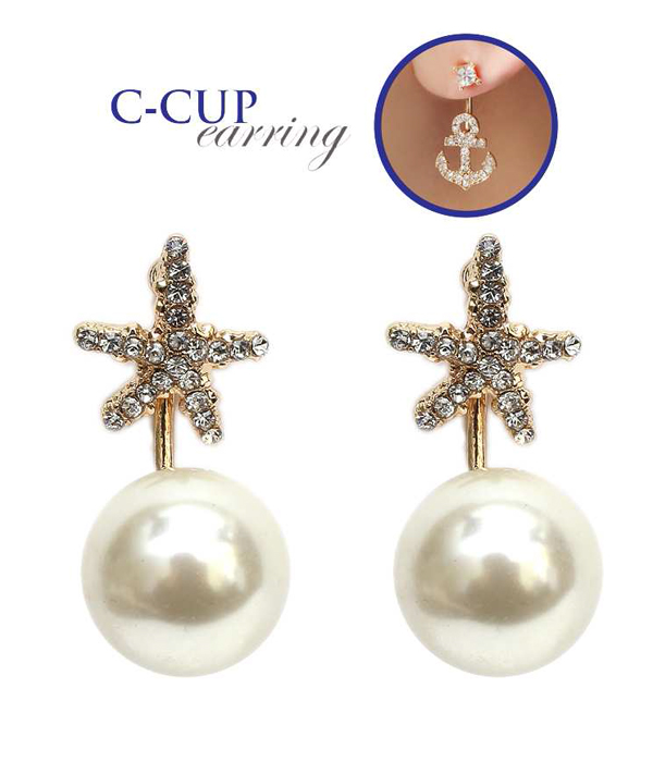 Crystal starfish and pearl double sided front and back earring - c cup