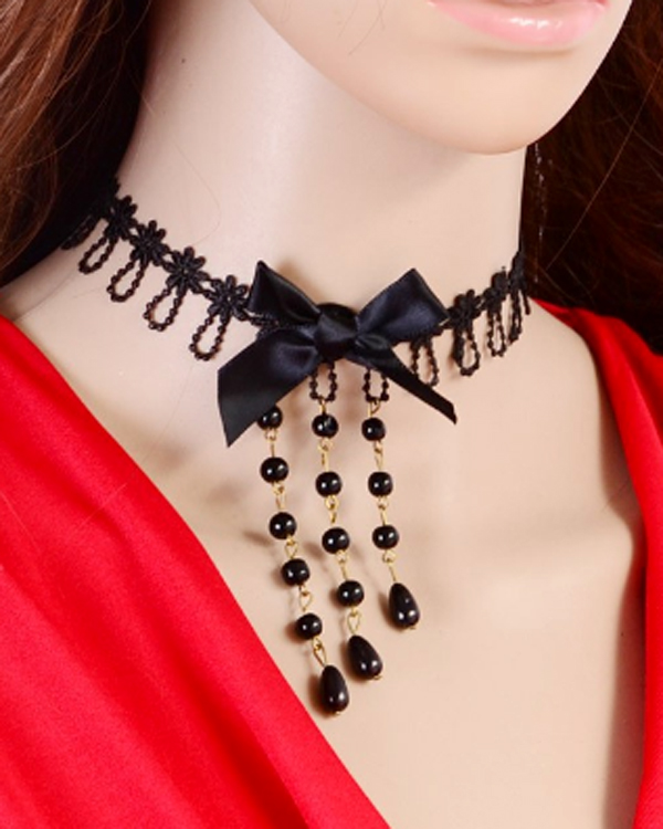 Lace chocker and beads drop necklace