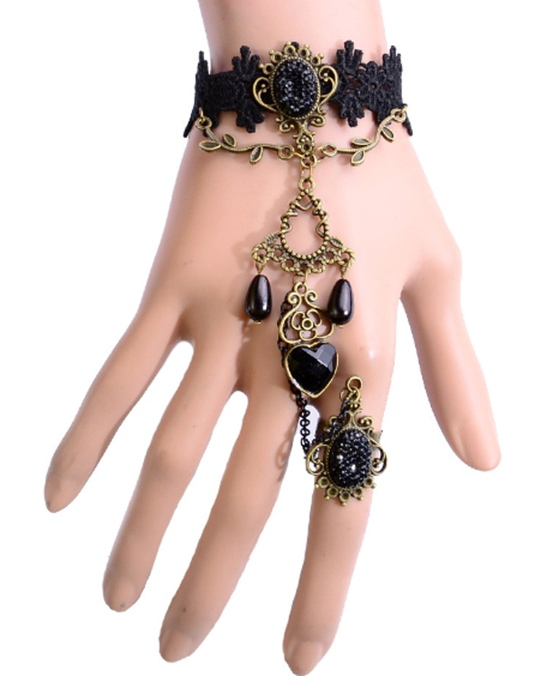 Druzy accent slave ring and lace steampunk bracelet set