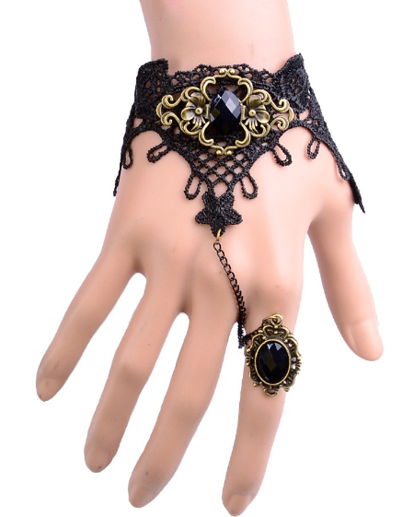 Metal filigree slave ring and steampunk lace bracelet set