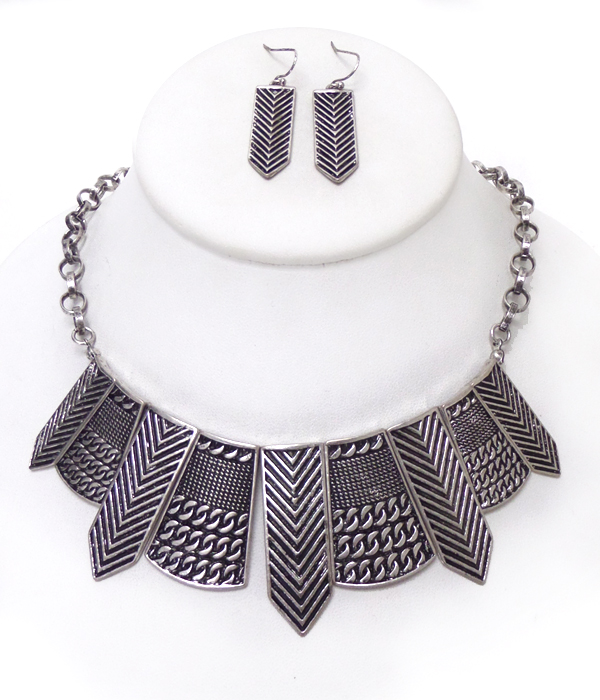 Textured metal bar link drop necklace set