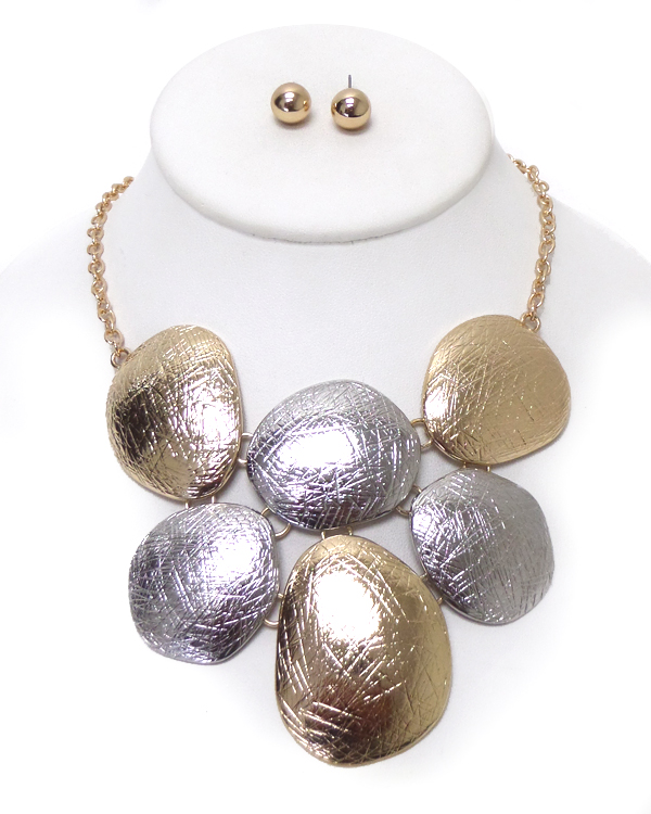 Natural shape scratch metal disk link bib necklace set