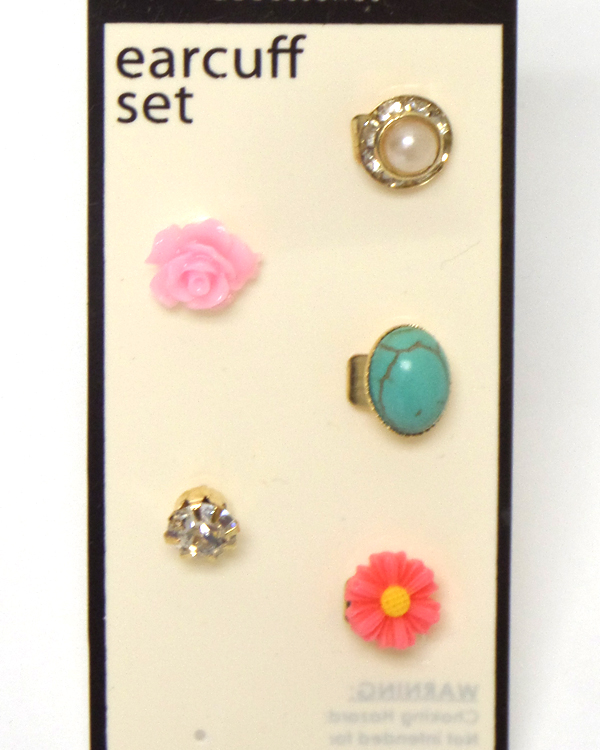 Crystal and turquoise mix flower 5 set of earcuff