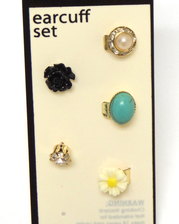 Crystal and turquoise mix flower 5 set of earcuff