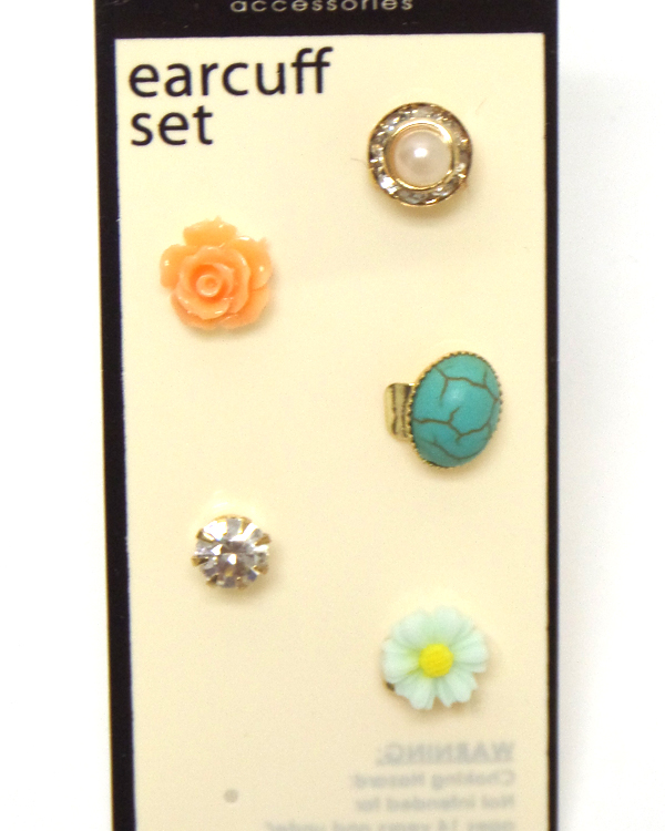 Crystal and turquoise mix flower 5 set of earcuff