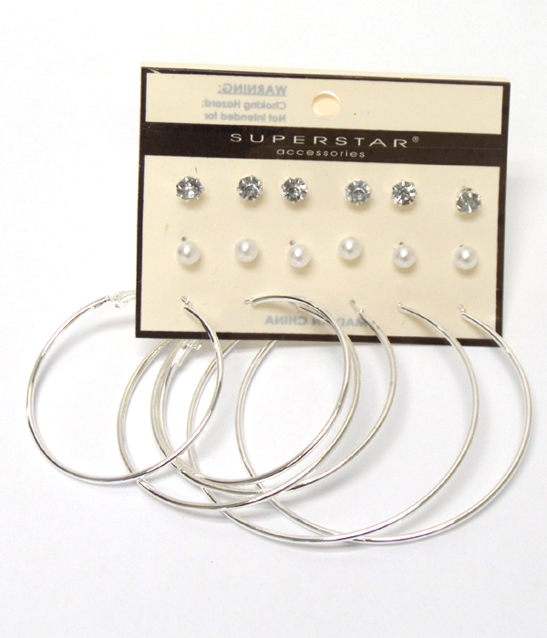 Crystal and pearl mix hoop 9 pair earring set