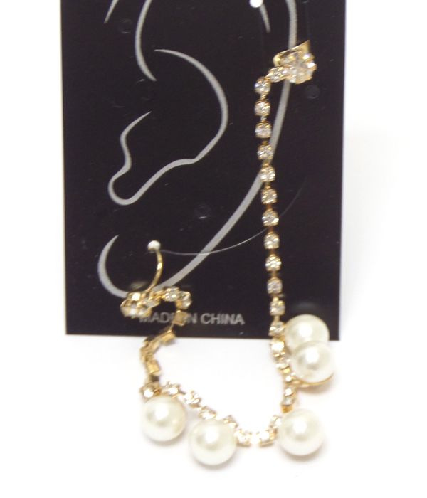 Ear clip and post link rhinestone and pearl drop earring