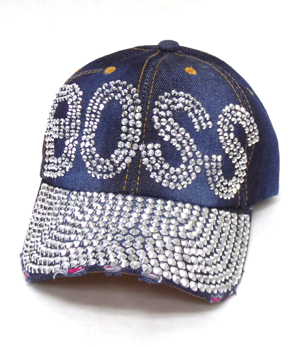 Rhinestone worn denim baseball cap - boss