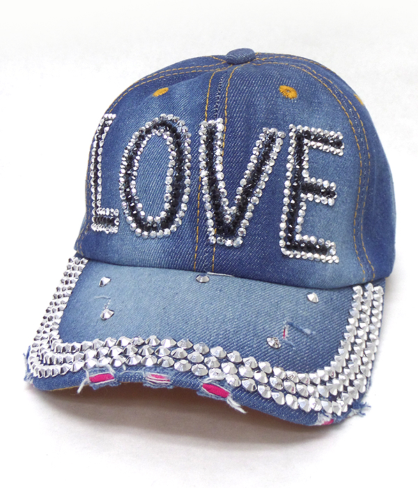 Rhinestone worn denim baseball cap - love