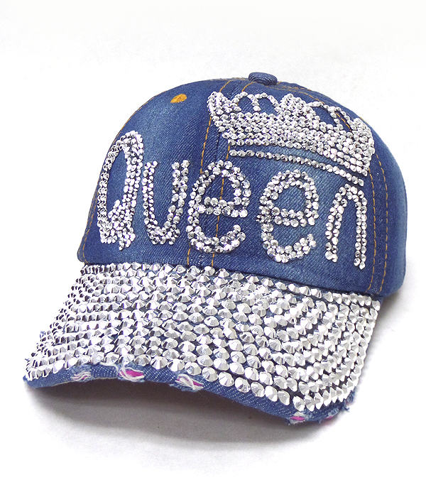 Rhinestone worn denim cap - queen