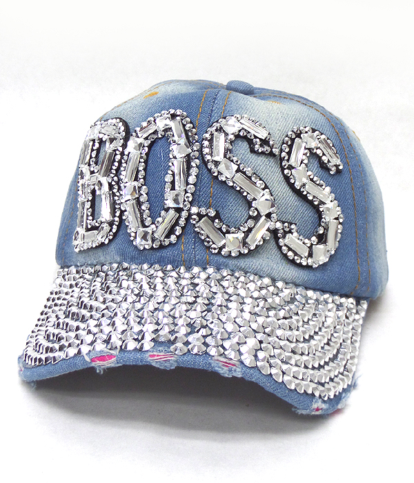 Rhinestone worn denim baseball cap - boss