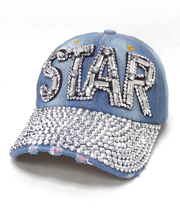 Rhinestone worn denim baseball cap - star