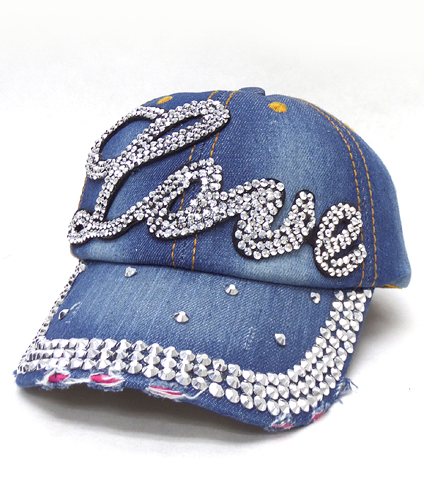 Rhinestone worn denim baseball cap - love