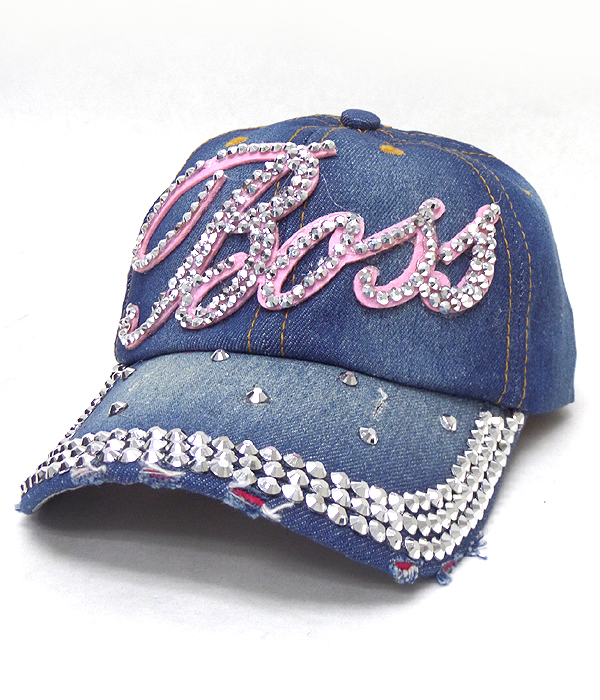 Rhinestone worn denim baseball cap - boss