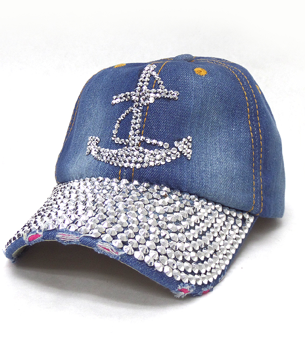 Rhinestone worn denim baseball cap - anchor