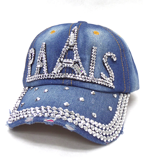 Rhinestone worn denim baseball cap - paris