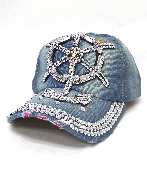 Rhinestone worn denim baseball cap - anchor