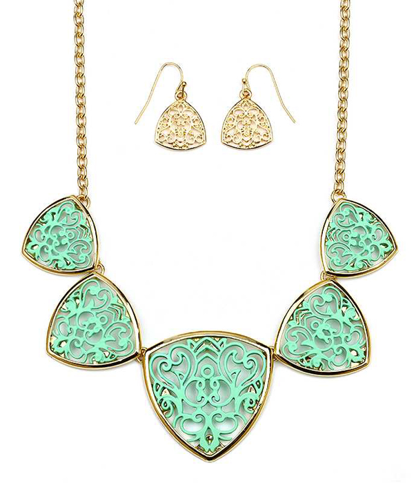 Metal filigree triangle link necklace set