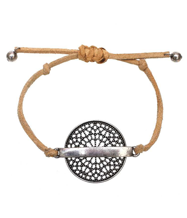 Metal filigree disk leatherette pull tie bracelet