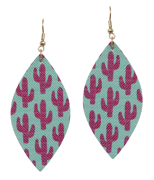 Cactus print faux leather marquise earring
