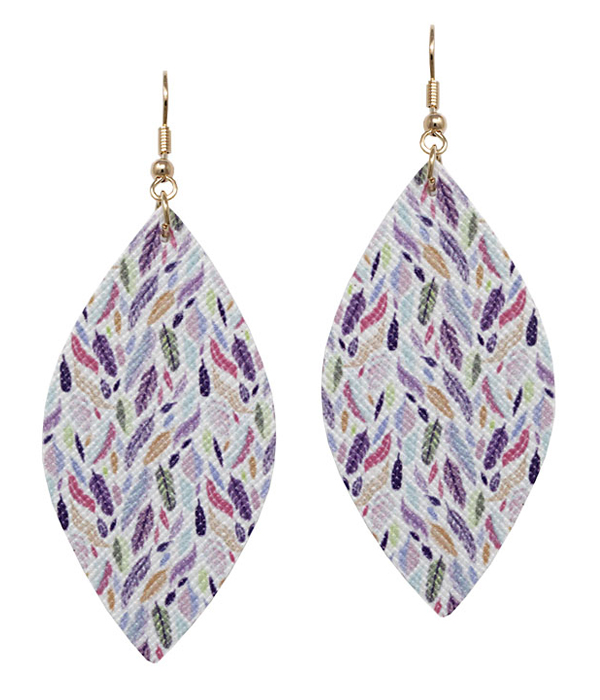 FEATHER PRINT FAUX LEATHER MARQUISE EARRING