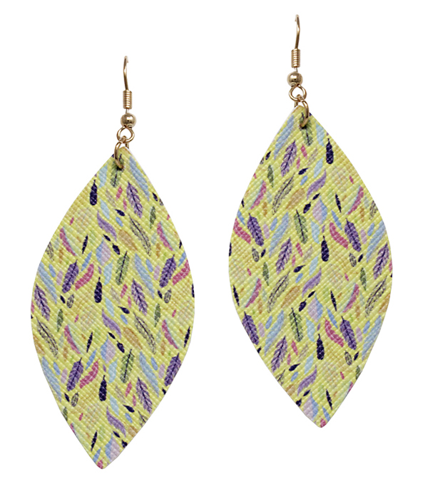 FEATHER PRINT FAUX LEATHER MARQUISE EARRING
