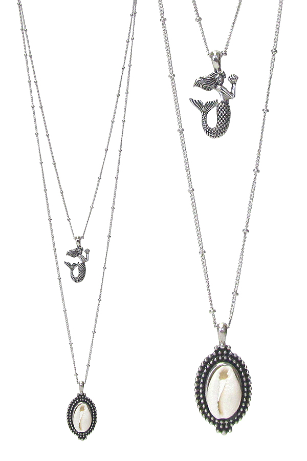 Cowry shell and mermaid double layer necklace