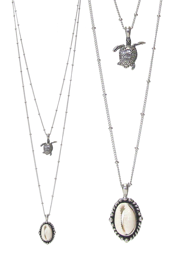 Cowry shell and turtle double layer necklace